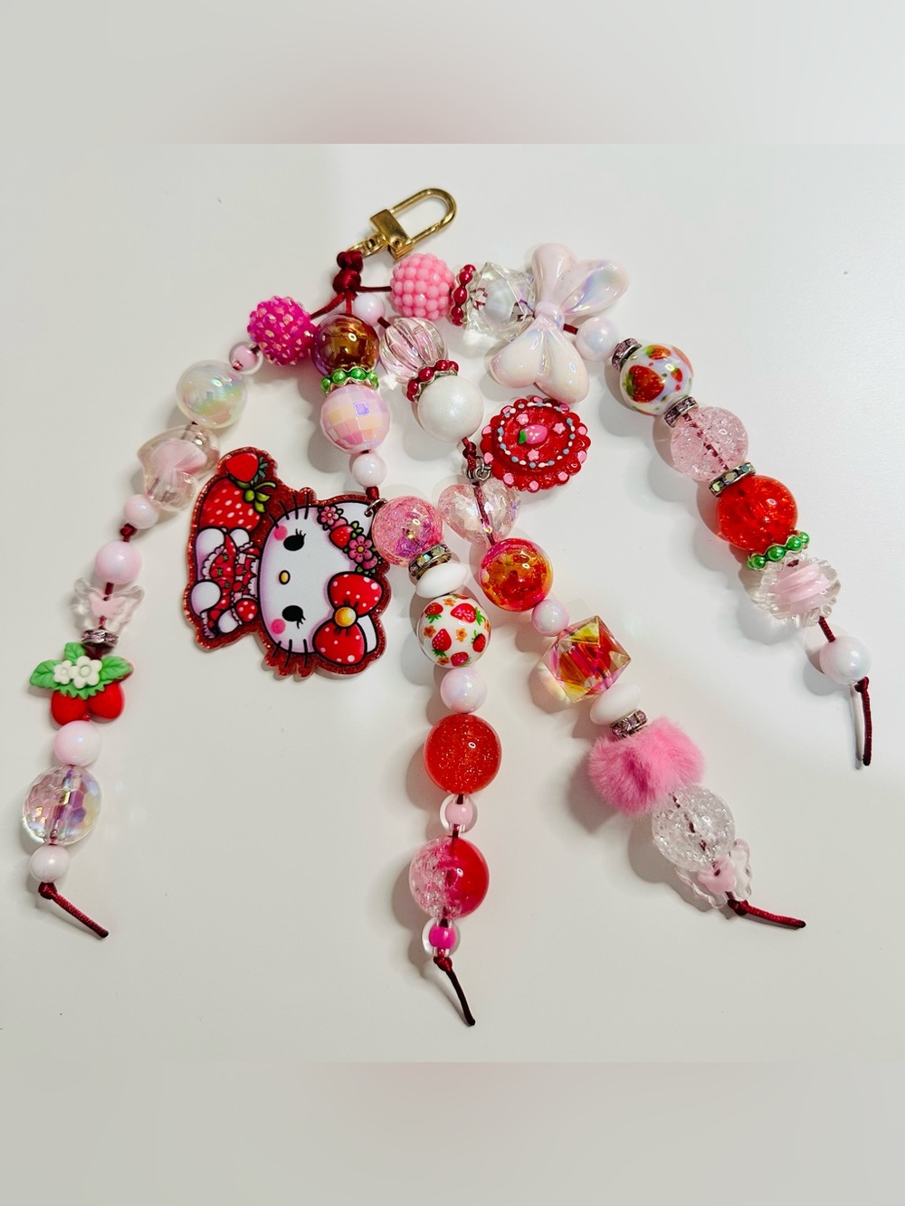 Hello Kitty Pink & Red Strawberry Beaded Bag Charm